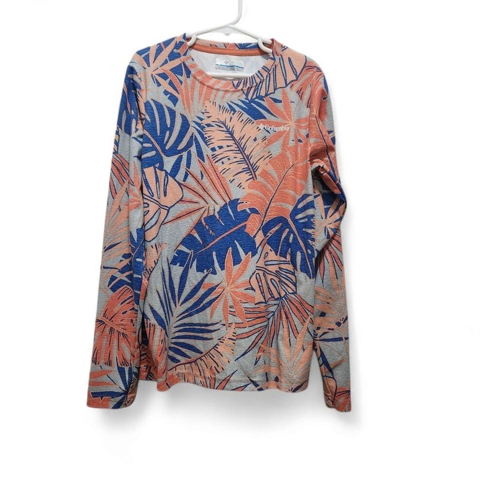 Columbia Girls M 10/12 Tropical Palm Print Long Sleeve Performance Shirt Blue